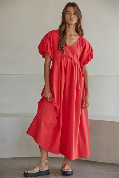 Red Puff Sleeve Maxi